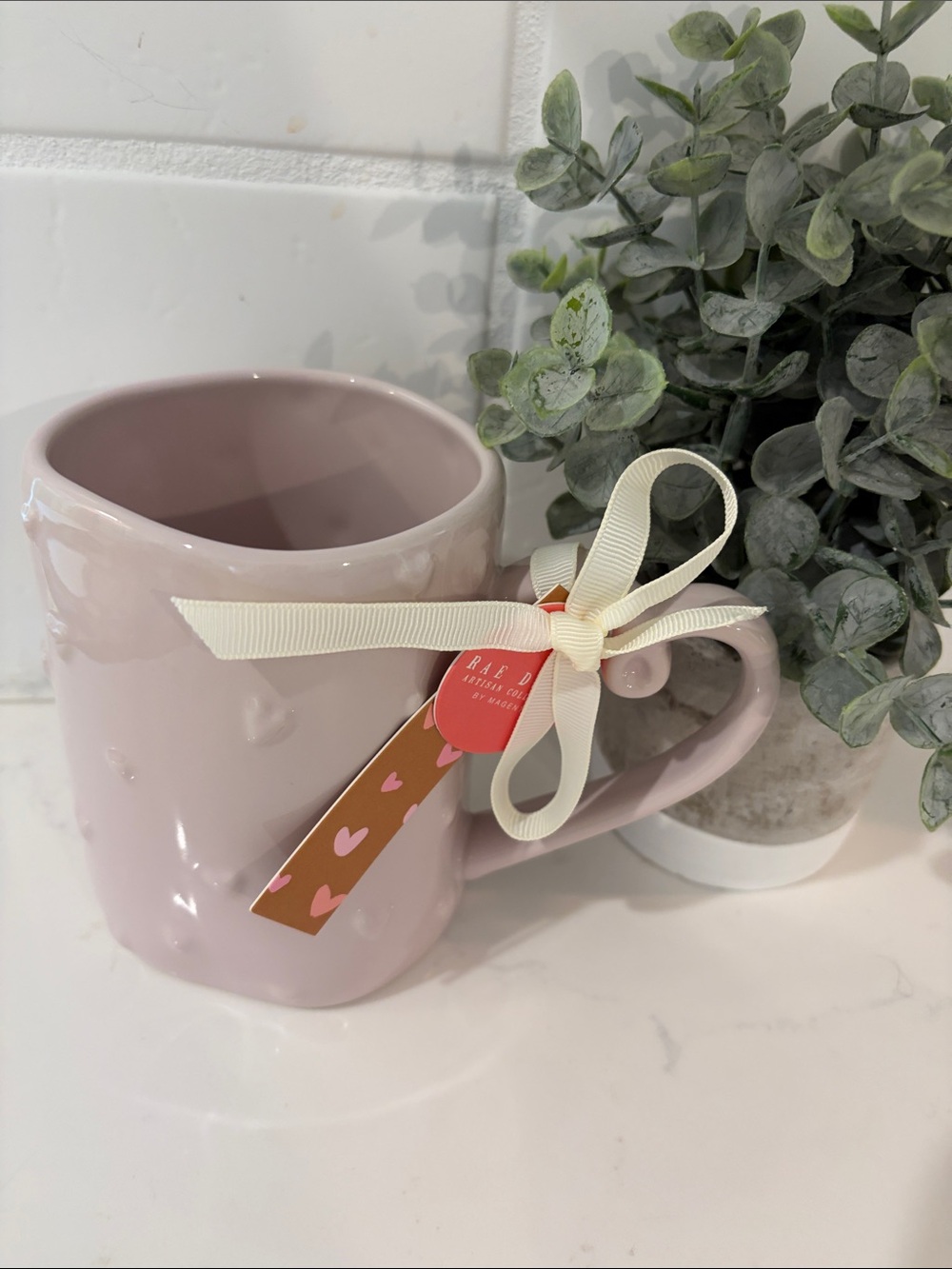 Rae Dunn Pink Heart Accent Ceramic Mug with Ribbon Tag